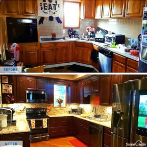 Before & after of a kitchen remodel Scene Clean completed.